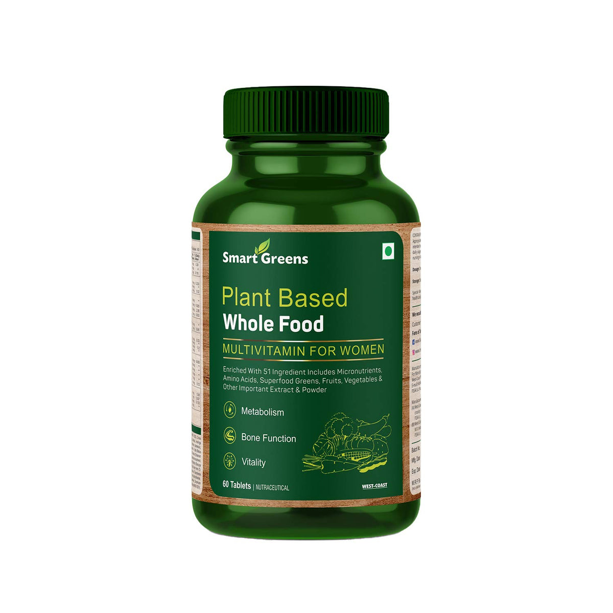 Smart Greens Plant Based Wholefood Multivitamin for Women Enriched with 51 Ingredients Includes Micronutrients, Amino Acids, Superfood Greens, Fruits, Vegetables & other Extract & Powder – 60 Tablets